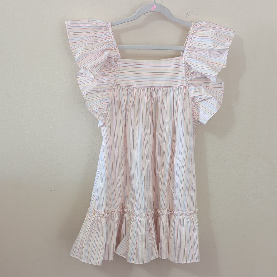 Little Louanne White Ruffle Sleeve Dress With Rainbow Stripes Girls Size 6